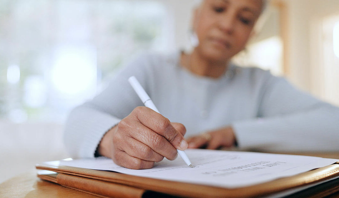 Senior woman, sign and writing with documents