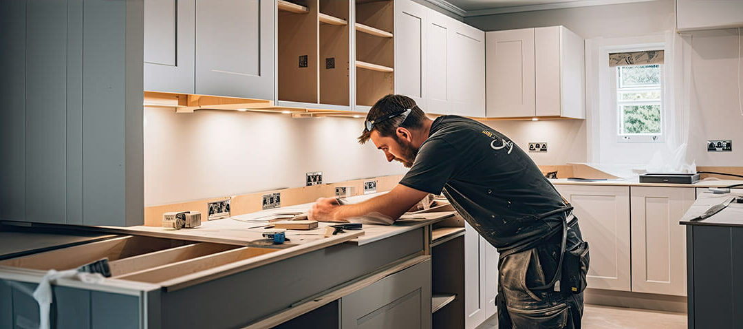 Worker or carpenter installing new modern kitchen